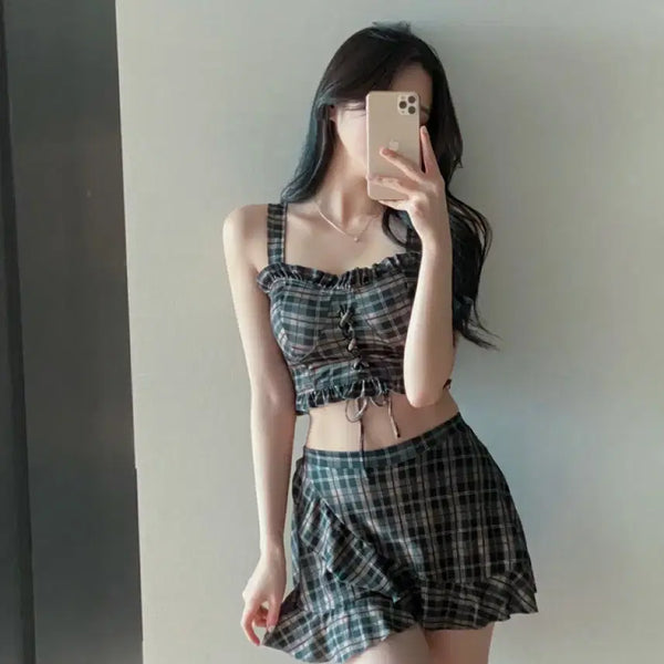 [BUNJANG] Check Pattern Frill Swimsuit Set / 체크 패턴 프릴 수영복 세트 | 에이블리 옷 처분
