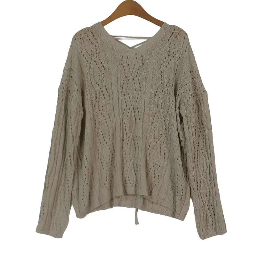 [BUNJANG] Back Lace-Up Cable Knit Loose Fit Sweater - Beige / 백 레이스업 케이블 니트 베이지 루즈핏 스웨터 프리