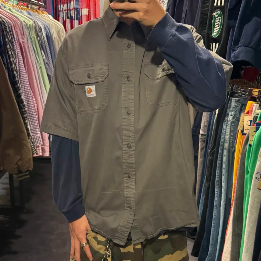 [BUNJANG] Carhartt Two-Pocket Short Sleeve Shirt Dark Grey / [IM] 칼하트 투포켓 반팔셔츠 다크 그레이