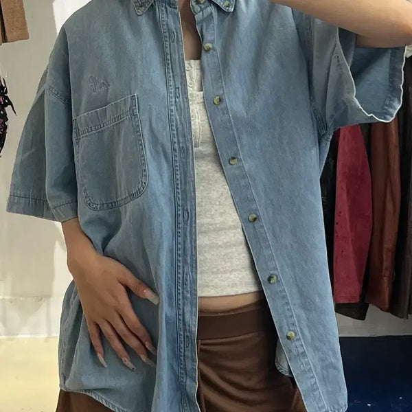 [BUNJANG] Bay City Denim Short Sleeve Shirt / Bay city 데님 반팔셔츠