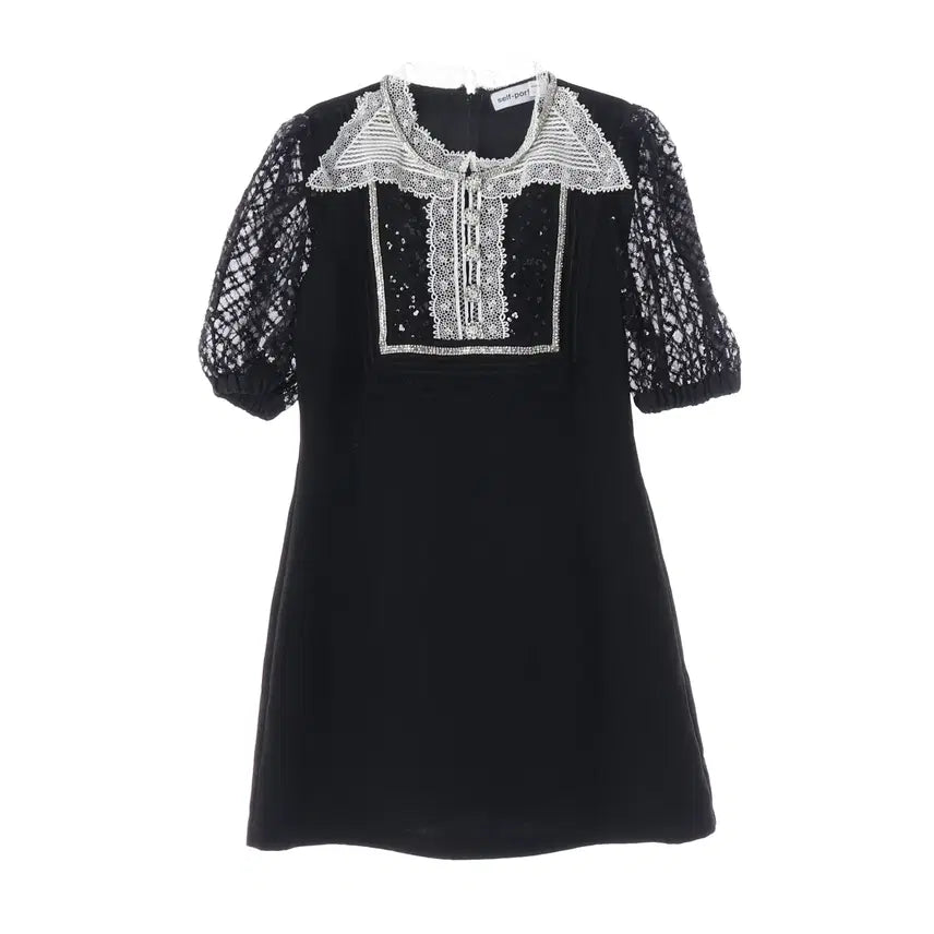 [BUNJANG] Self-Portrait 21SS Black Crepe Lace Sequin Puff Short Sleeve Mini Dress / 셀프포트레이트 21SS 블랙 크레페 미니 드레스 레이스 시퀸 퍼프 반팔 원피스