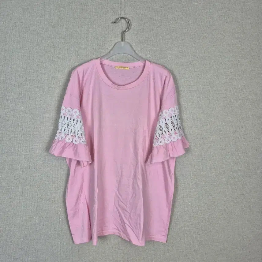[BUNJANG] Plus Size Pink Lace Short Sleeve T-Shirt / (#88,99추천)빅사이즈 핑크 레이스 반팔 티셔츠