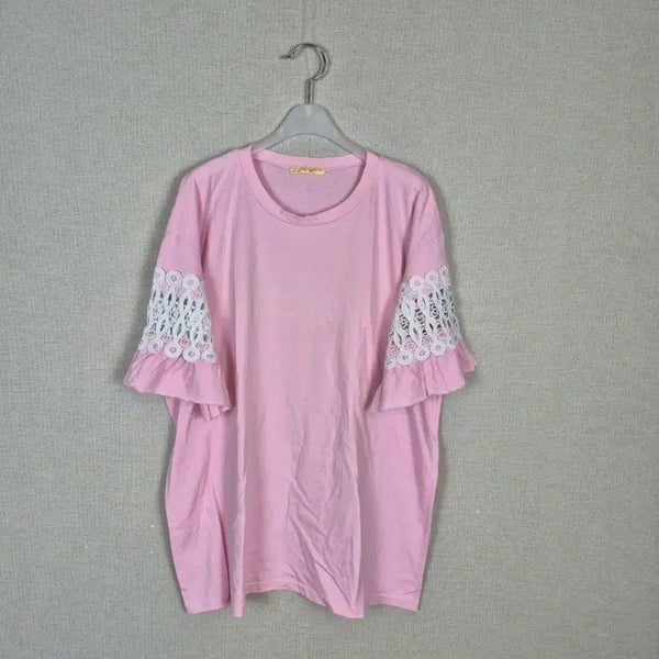 [BUNJANG] Plus Size Pink Lace Short Sleeve T-Shirt / (#88,99추천)빅사이즈 핑크 레이스 반팔 티셔츠