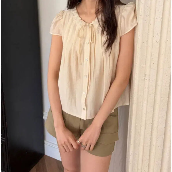 [BUNJANG] Auro Chiffon Tie Blouse Cream Small / 아우로 쉬폰 타이 블라우스 크림