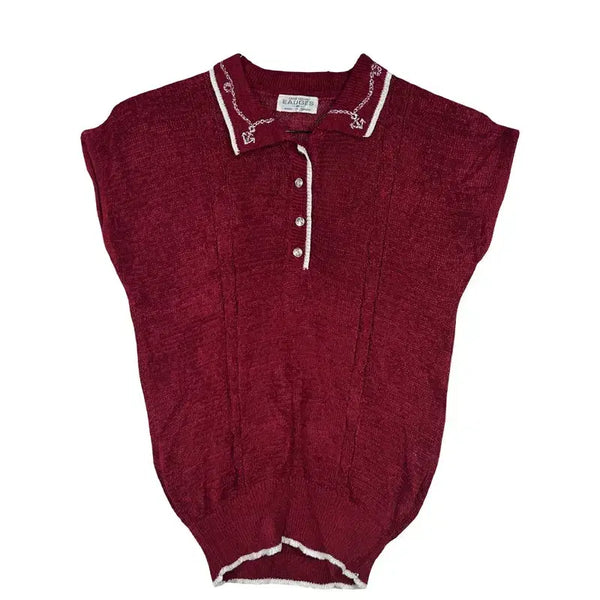 [BUNJANG] Burgundy Embroidered Collar Knit Vest / 버건디 자수 카라 니트 베스트 골프웨어 프레피룩 [S] 레이온 혼방