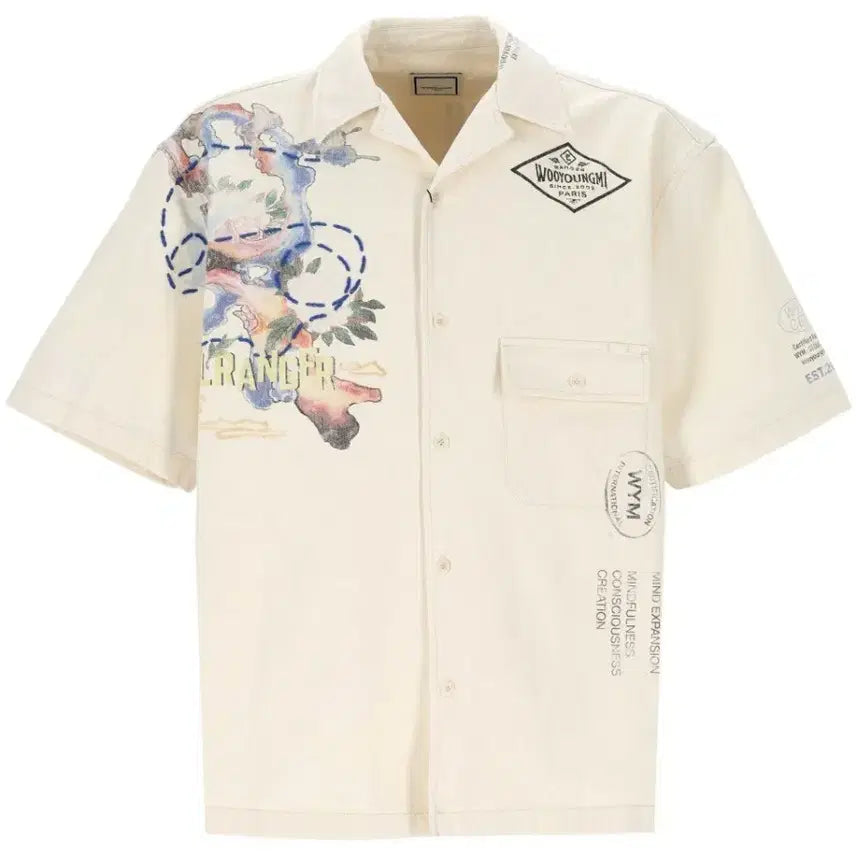 [BUNJANG] Wooyoungmi Printed Embroidered Denim Short-Sleeve Shirt / 우영미 프린팅 자수 데님 반팔 셔츠 팝니다