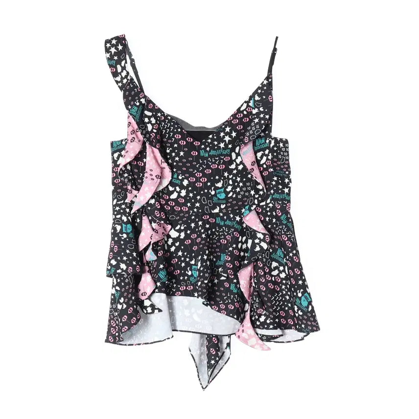 [BUNJANG] Lucky Chouette 22SS Atelier Graphic Print Lace-up Sleeveless Blouse Top / 럭키슈에뜨 22SS 아틀리에 그래픽 프린트 레이스업 슬리브리스 블라우스 탑
