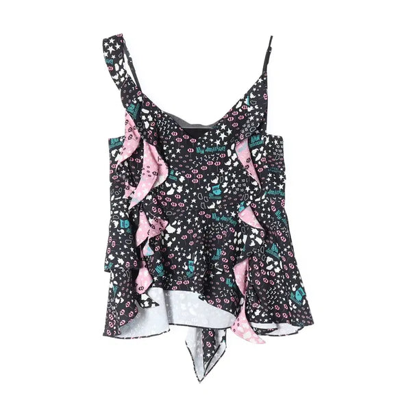 [BUNJANG] Lucky Chouette 22SS Atelier Graphic Print Lace-up Sleeveless Blouse Top / 럭키슈에뜨 22SS 아틀리에 그래픽 프린트 레이스업 슬리브리스 블라우스 탑