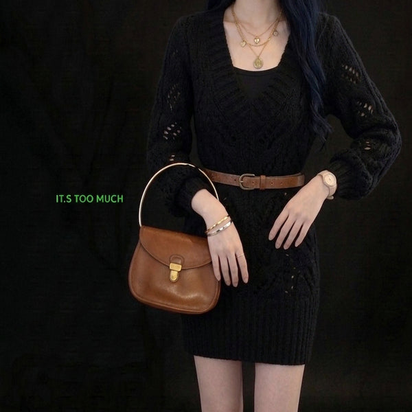 [BUNJANG] Women's V-Neck Long Knit Dress / Q1598 꽈베기 여자롱니트 브이넥 롱니트 여성롱니트 원피스 겨울롱니트