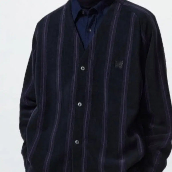 [BUNJANG] Uniqlo x Needles Collaboration Cardigan Navy Stripe Butterfly Embroidery / 유니클로 니들스 가디건
