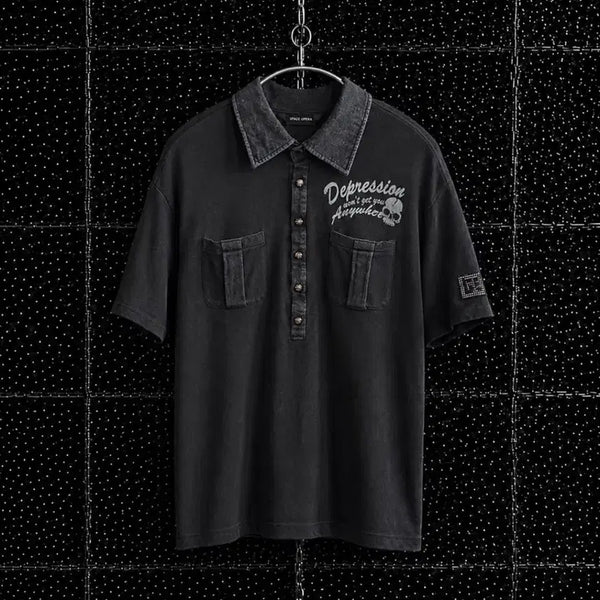 [BUNJANG] Space Opera Skull Denim Collar T-shirt / Space Opera 스컬 데님 카라 티셔츠