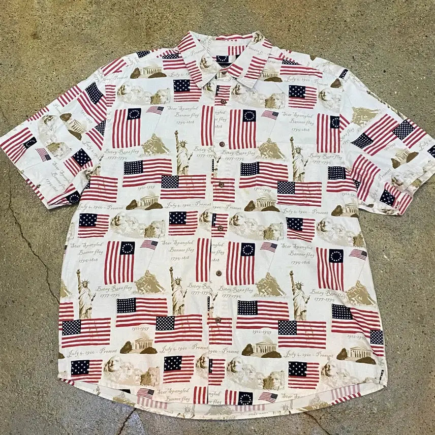 [BUNJANG] Vintage American Flag Print Short Sleeve Shirt XL / 미국 빈티지 성조기 패턴 프린팅 반팔셔츠