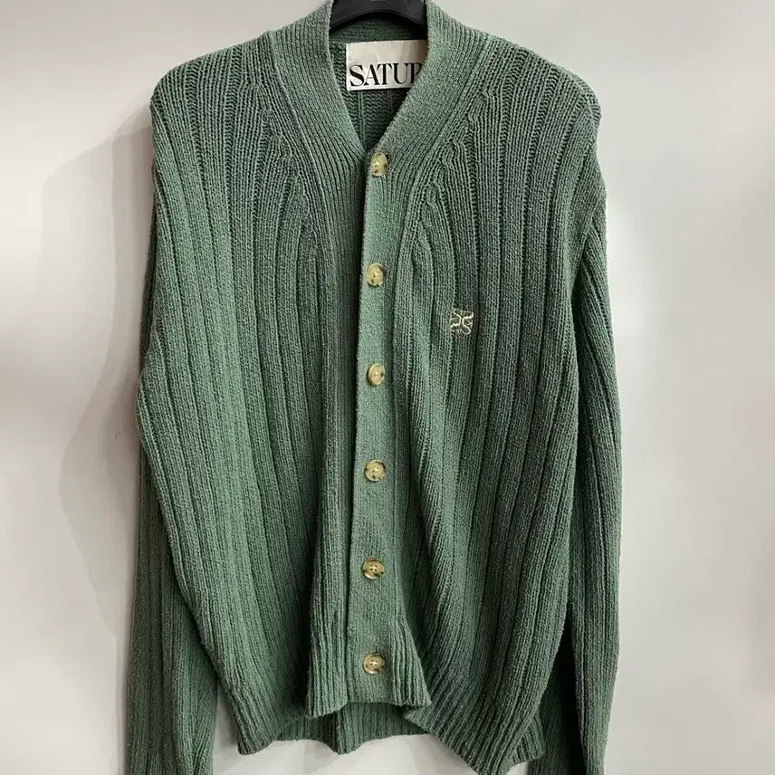 [BUNJANG] SATUR Ribbed V-Neck Knit Cardigan Green 2XL / [2XL] 세터 그린 립 골지 브이넥 니트 가디건 4.5
