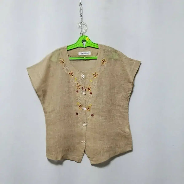 [BUNJANG] Beige Linen Blend Top with Floral Embroidery / 마52 면마상의