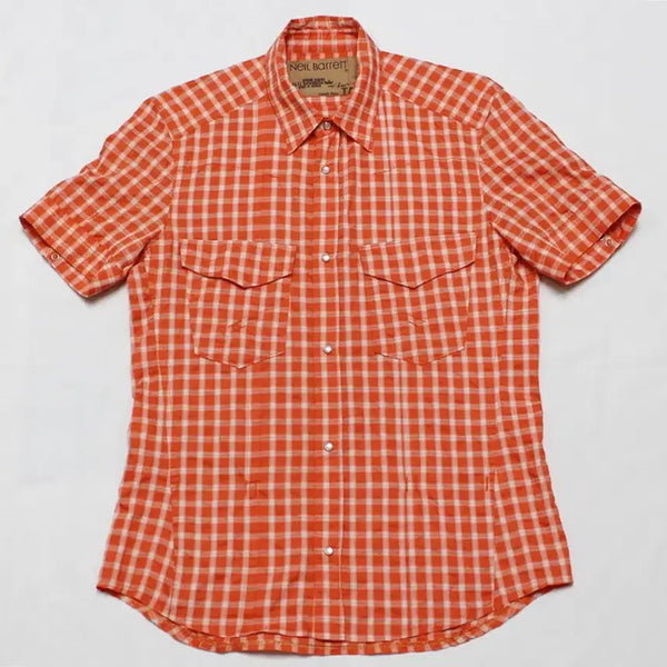 [BUNJANG] Neil Barrett Men's Orange Cotton Short Sleeve Shirt / 닐바렛 남성 95 똑딱이 반팔 셔츠 흠있음/R01