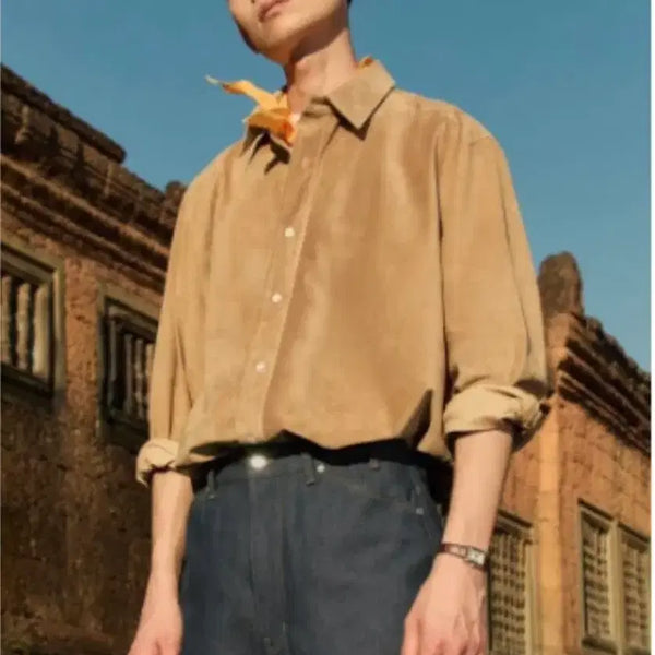 [BUNJANG] STU Camel Leather Shirt M / 에스티유 STU 카멜 레더 셔츠 Leather Shirt Camel