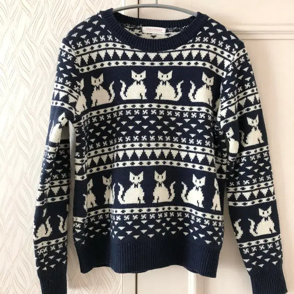 [BUNJANG] Nordic Pattern Cat Knit Sweater / 고양이 노르딕 패턴 니트