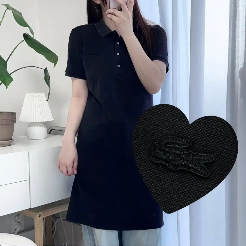 [BUNJANG] Lacoste Black Black Patch 4-Button Short Sleeve Dress - Size 40 / 라코스테 블랙 블랙패치 4버튼 반팔원피스 [ 40 ]