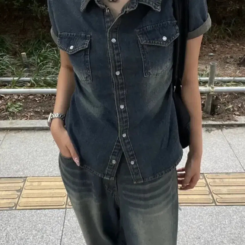 [BUNJANG] Square Washing Button Pocket Denim Shirt Dark Blue L / square 스퀘워 이지 버튼 워싱 포켓 데님 셔츠 진청 L