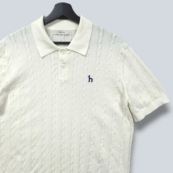 [BUNJANG] Hazzys Ivory Cable Short-Sleeve Polo Knit (Size 100) / [100] 헤지스 아이보리 케이블  반팔 카라 니트