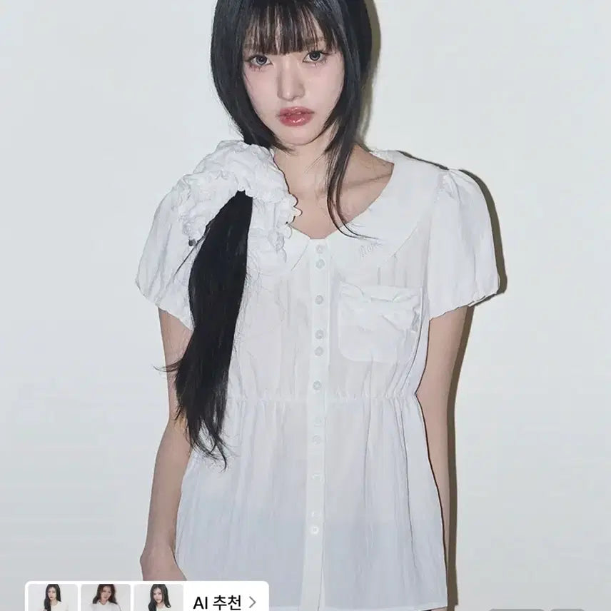 [BUNJANG] ILLYGO Foaming Ribbon Puff Blouse White Short Sleeve / 일리고 포밍 리본 퍼프 블라우스 화이트 반팔