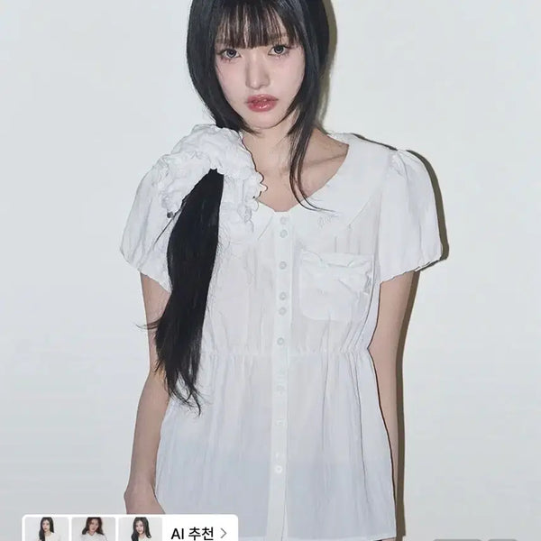 [BUNJANG] ILLYGO Foaming Ribbon Puff Blouse White Short Sleeve / 일리고 포밍 리본 퍼프 블라우스 화이트 반팔