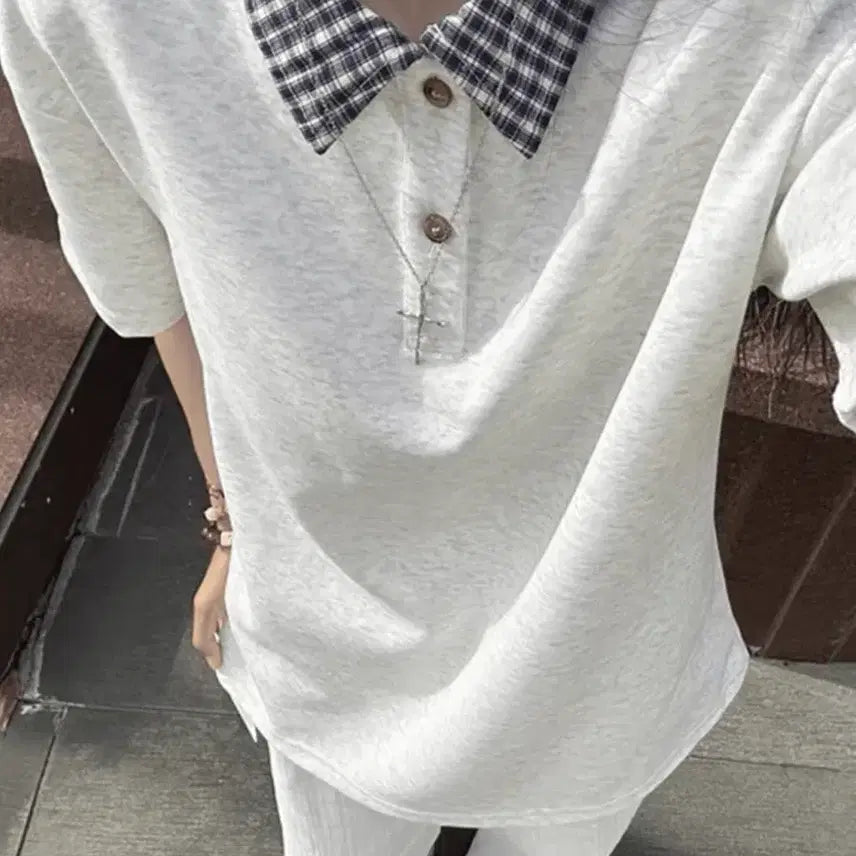 [BUNJANG] Checkered Collar Short Sleeve Polo T-Shirt / 체크 카라 반팔 폴로 단가라 티셔츠