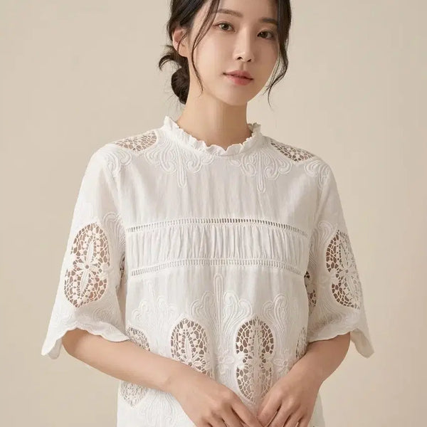 [BUNJANG] a.second(아세컨드) Lace Punching Embroidery Blouse | White | S / a.second(아세컨드) 레이스 펀칭 자수 블라우스 | 화이트 | 55(S)