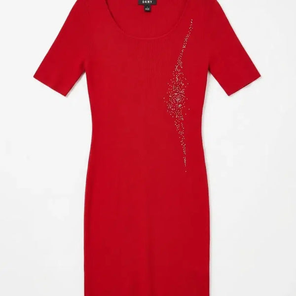 [BUNJANG] Vintage King Women's Red Cubic Knit Short Sleeve Dress M / 여성M/ 데코 레드 큐빅 장식 니트 반팔 원피스 빈티지킹