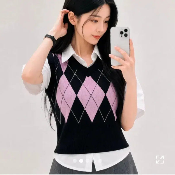 [BUNJANG] A-bly Argyle Check Crop Knit Vest / 에이블리 하이틴 아가일 체크 크롭 니트조끼