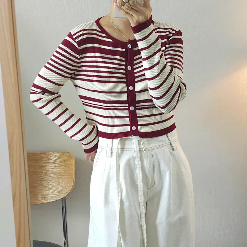 [BUNJANG] Women's Round Neck Striped Cropped Cardigan / (F)여성 라운드넥 긴팔 단가라 크롭 가디건