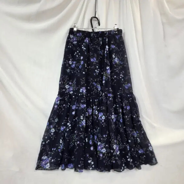 [BUNJANG] Black Floral Print Elastic Waist Skirt / 검정 밴딩꽃무늬 스폰스커트F