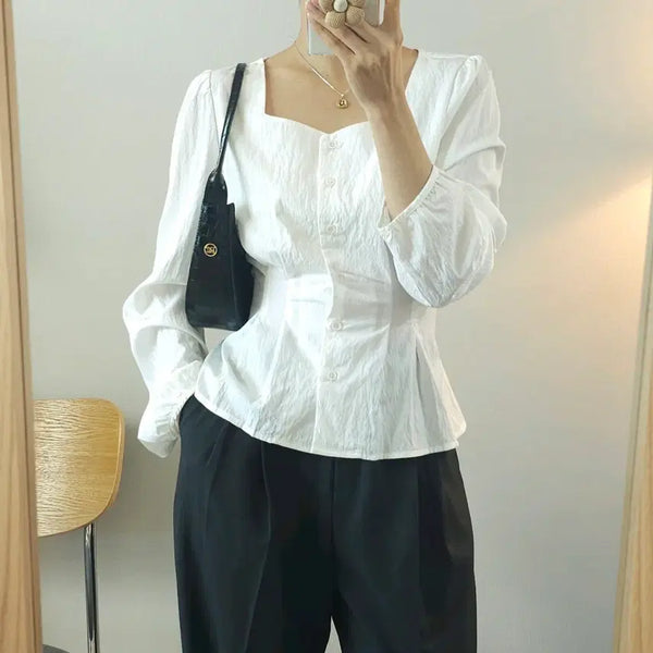 [BUNJANG] MIXXO Women's Square Neck Pintuck Long Sleeve Blouse (Size L) / (L)미쏘 여성 스퀘어넥 긴팔 핀턱 블라우스