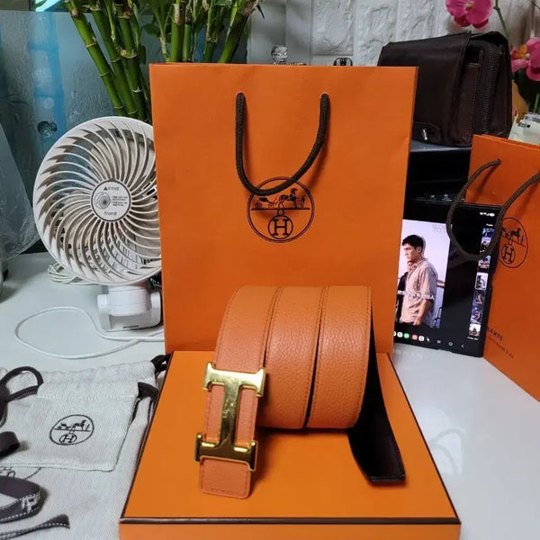 [BUNJANG] Hermès H Logo Reversible Leather Belt / 에르메스 H로고 오렌지 불랙 양면 가죽 벨트 (정품)