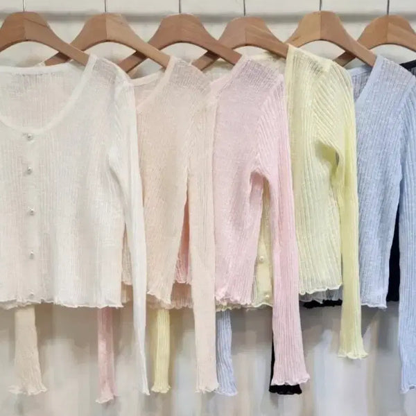 [BUNJANG] Women's Cropped Sheer Ribbed Cardigan / (새상품) 진주 크롭 시스루골지 가디건 화이트.소라