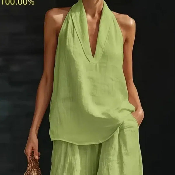[BUNJANG] Linen Halterneck Sleeveless Set - Green (XXL) / 새제품)린넨 홀터넥 민소매 세트  그린