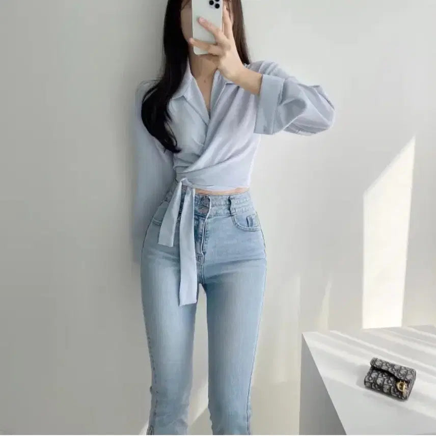 [BUNJANG] 2-Way Wrap Crop Shirt Blouse / 2way 랩 크롭 셔츠 블라우스