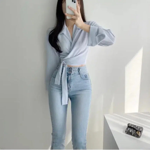 [BUNJANG] 2-Way Wrap Crop Shirt Blouse / 2way 랩 크롭 셔츠 블라우스