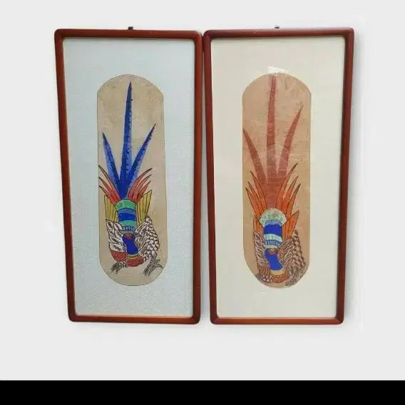 [BUNJANG] Korean Joseon Dynasty Minwha Phoenix Symmetrical Pair / 골동품 진품 조선 민화 봉황문 대련