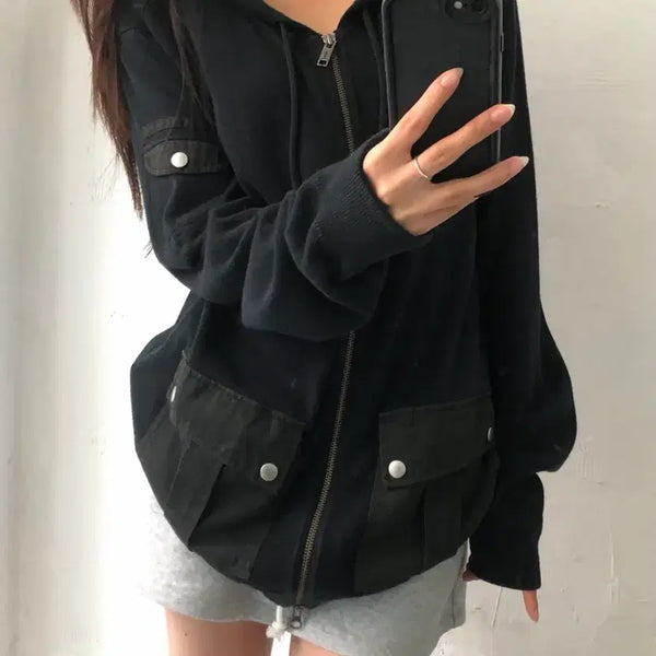[BUNJANG] GAP Black Pocket Detail Zip-Up Hoodie / GAP 갭 블랙 포켓 디테일 후드집업