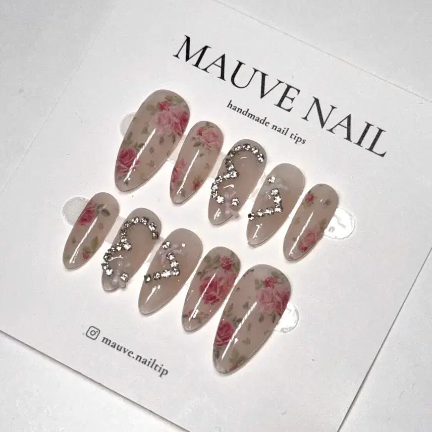 [BUNJANG] Handmade Rose Heart Cubic Nail Tips / 빈티지 로즈 하트 큐빅 핸드메이드 수제 네일팁