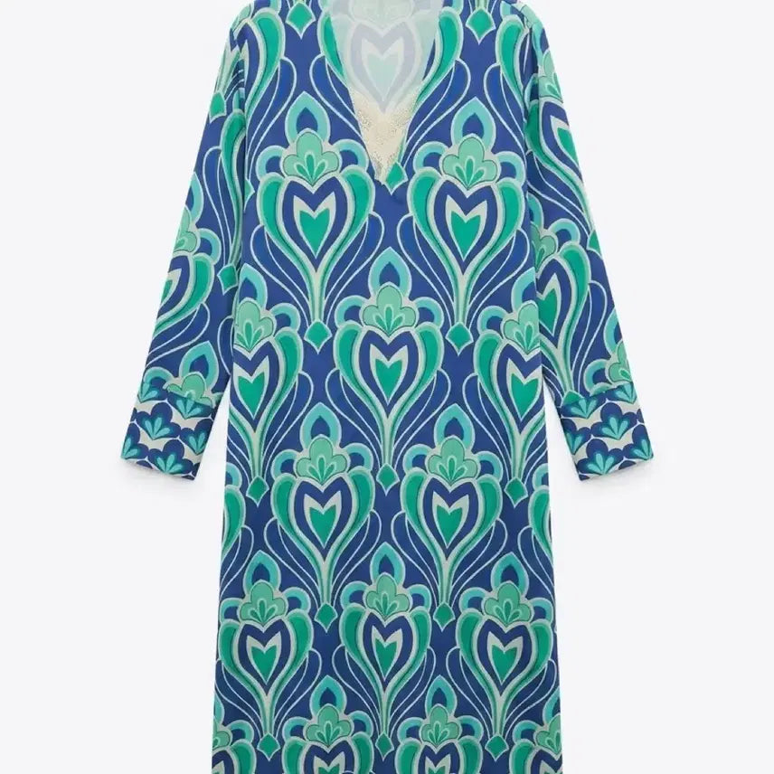 [BUNJANG] Zara Blue Green Pattern Vintage Dress / 여성M/ 자라 원피스 블루 그린 패턴 빈티지킹