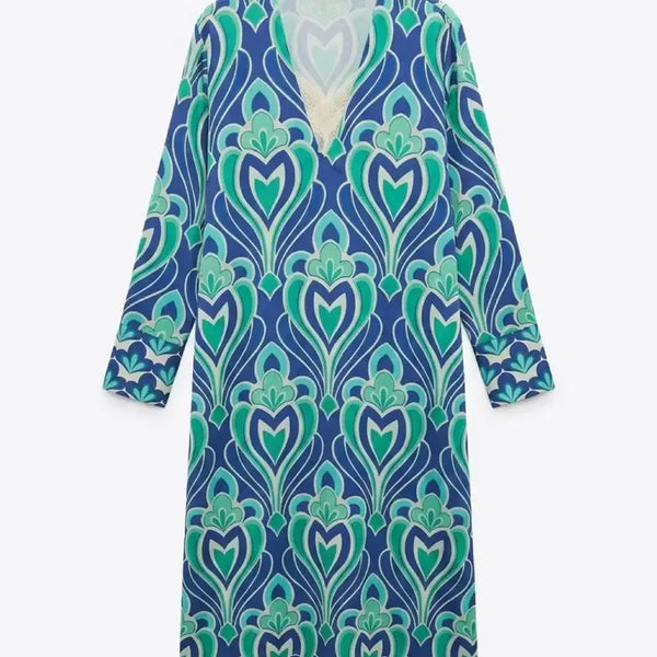[BUNJANG] Zara Blue Green Pattern Vintage Dress / 여성M/ 자라 원피스 블루 그린 패턴 빈티지킹