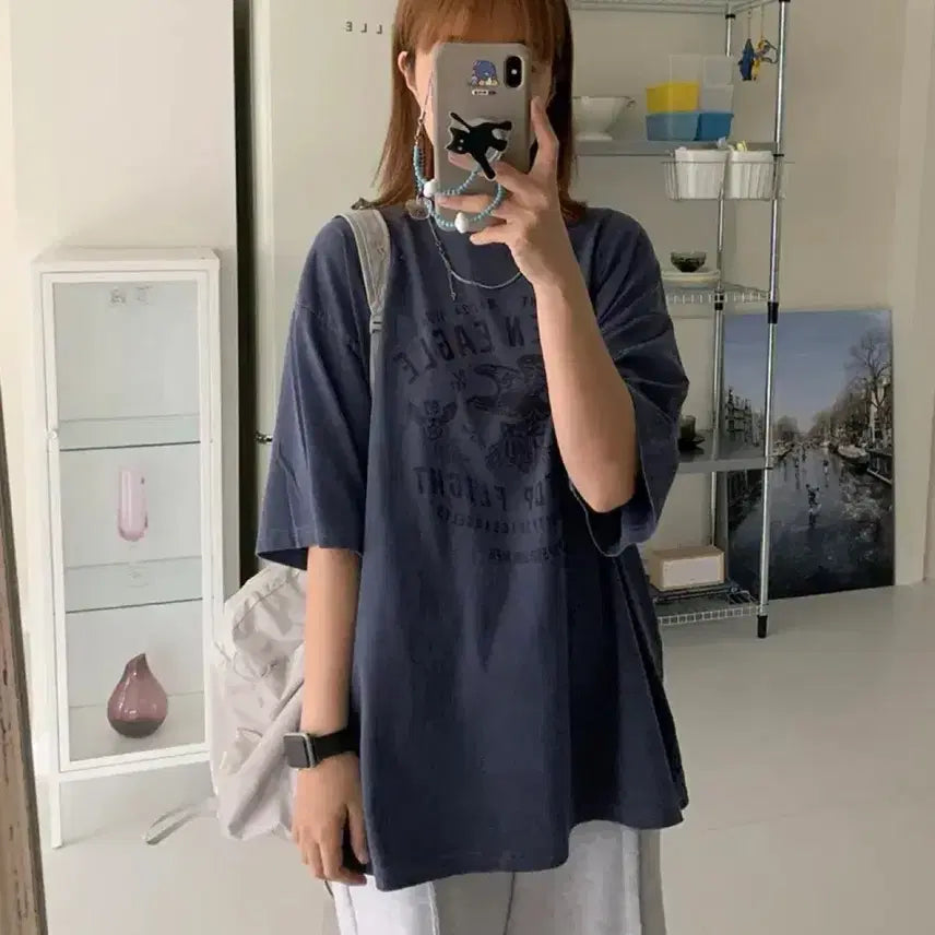 [BUNJANG] BAON Pigment Printing Short Sleeve T-Shirt Blue / [F] 바온 피그먼트 프린팅 반팔 블루