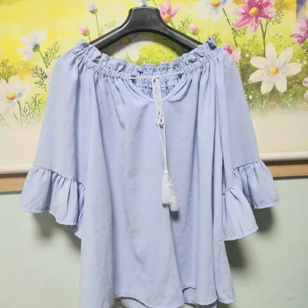 [BUNJANG] Sky Blue Off-Shoulder Frill Blouse / 하늘색 오프숄더 프릴 블라우스