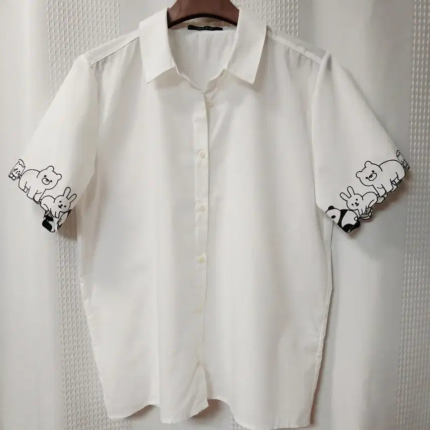[BUNJANG] White Short Sleeve Shirt with Animal Embroidery / 일본수입 화이트 동물 자수 반팔 셔츠