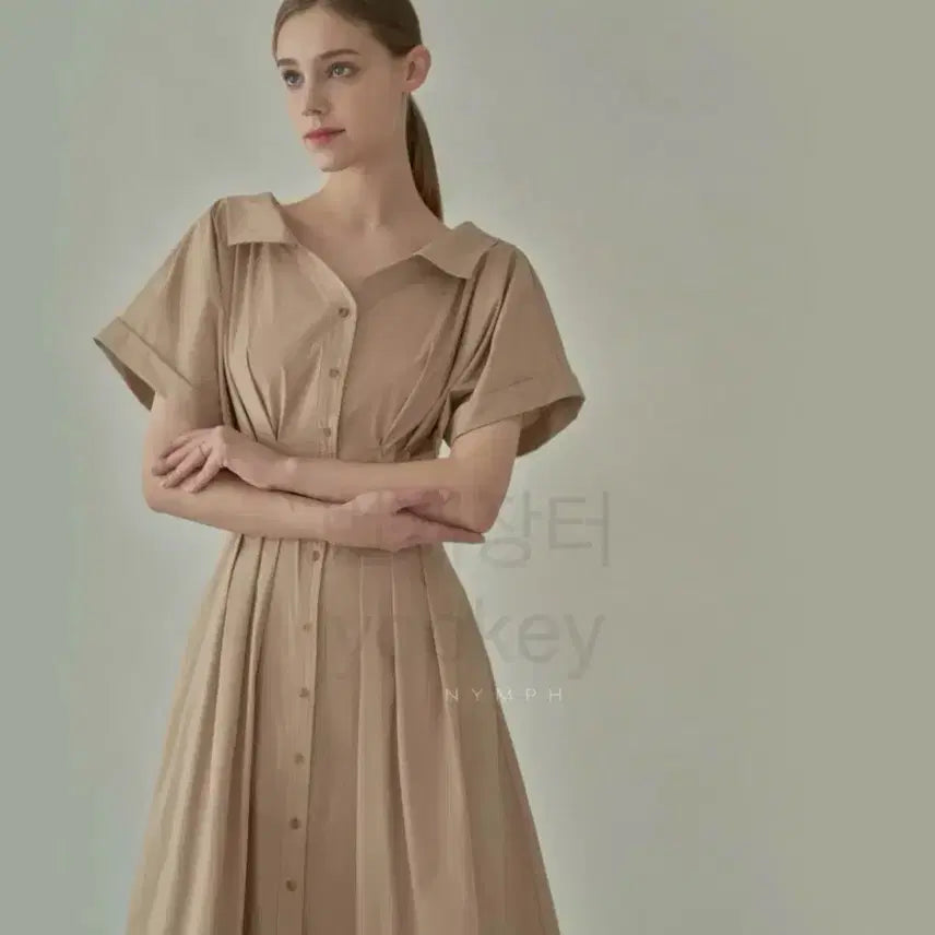 [BUNJANG] Glow Nymph Open Collar Short Sleeve Shirt Dress Beige / 글로우앤님프 오픈 카라 반팔 셔츠 원피스 베이지 NYMPH 바스락 플레어 햅번 훌 핀턱 트렌치