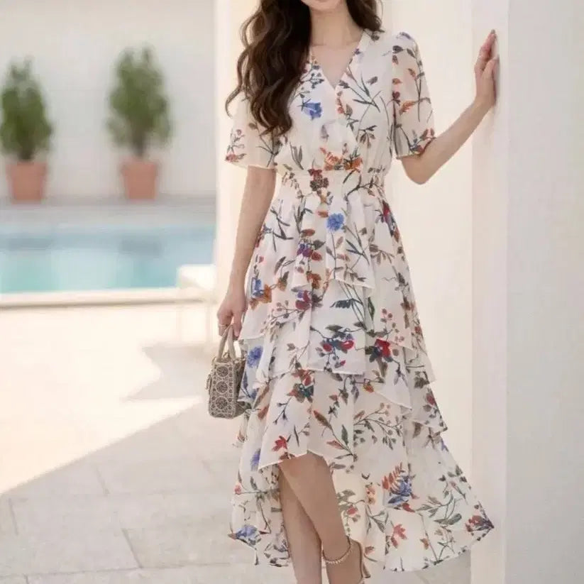 [BUNJANG] Maje Chiffon Tiered Flower Pattern Long Dress / 마쥬 쉬폰 캉캉 플라워 패턴 롱 원피스