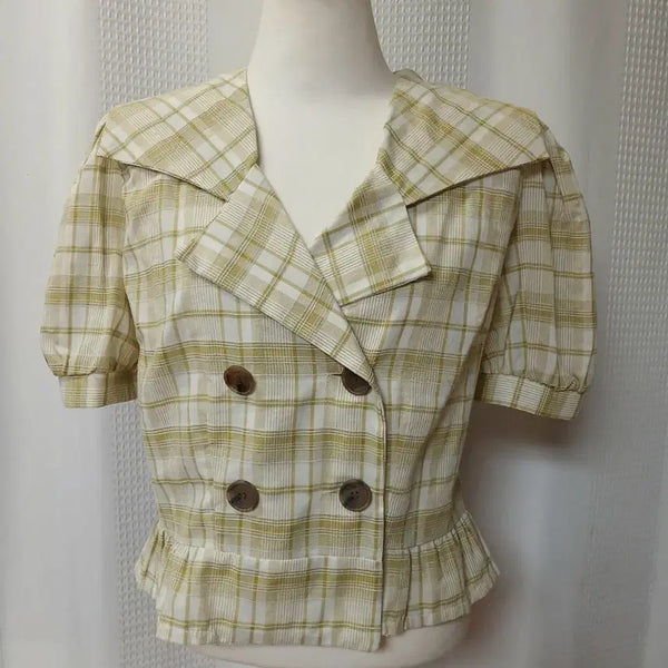 [BUNJANG] Checkered Double-Button Cropped Jacket / 새옷 체크무늬 더블 버튼 크롭 자켓