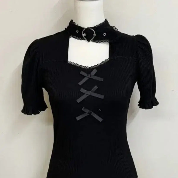[BUNJANG] Mazz Heart Buckle Knit Black Short Sleeve / 구함) 마즈 하트버클 니트 블랙 반팔